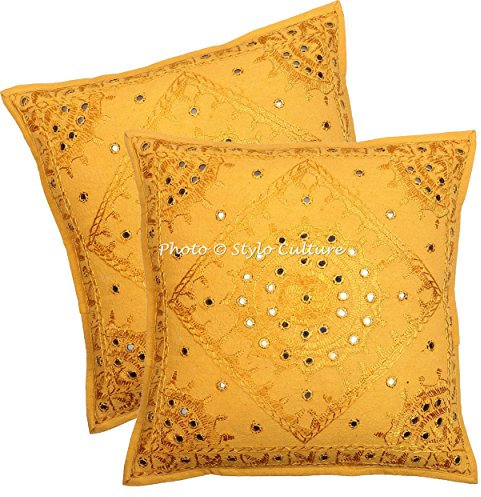 Stylo Culture Boho Fundas De Almohadones Decorativa 60x60 cm Algodón Espejado Forros para Cojines Sofa Amarillo Mango 24x24 Inch Bordado Cuadrado sobre Fundas para Cojines De Cama - 2 Pcs