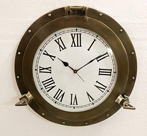 Antique Marine Brass Ship Porthole Clock Nautical Wall Clock Home Decorative (17 inches)