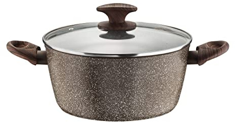 Pintinox Casseruola Alluminio Serie Natura, Antiaderente Effetto Pietra, Manico Effetto Legno, Coperchio in vetro con pomolo soft-touch , Adatta all'Induzione, Diametro 28 cm