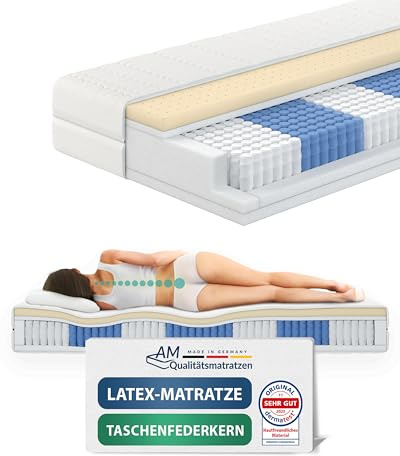 AM Qualitätsmatratzen Premium Latex-Taschenfederkernmatratze 100x200cm H2 24cm - Made in Germany & Oeko TEX Siegel - 7 Zonen Latex-Federkernmatratze 100x200 mit 1000 Federn & Lyocell Bezug
