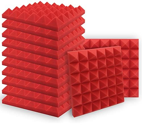 SK Studio Paquete de 12 Insonorizacion Pirámide Espuma Absorcion Aislamiento Acustica Paneles Tratamiento 30x30x5cm, Rojo