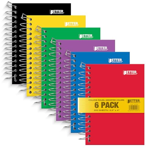 Better Office Products Fat Book Spiral Notebooks, 6 Pack, Small Notebooks with Poly Plastic Covers, 5.5 x 4 inches, 1-Subject, College Rule, 200 Sheets, 6 Assorted Primary Colors, 6 Count