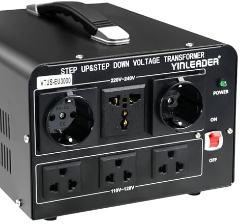 Yinleader Transformador de voltaje de 3000 W (110 V a 220 V, 220 V a 110 V), convertidor ascendente/descendente, 110/120 V – 220/240 V con cable de alimentación estándar de Estados Unidos (VTUS-EU3000