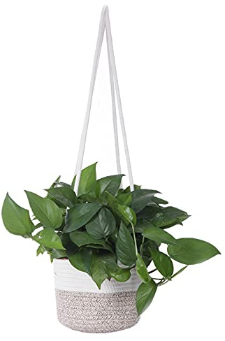 RUIZHIXUAN Hanging Planter Basket Jute Rope Woven Plant Hangers Indoor Hanging Plant Holder Up to 7 Pot Macrame Modern Storage Organizer Home Decor (White & Brown) | Indoor plant hangers with macrame design. Modern storage organizer for home decor. Woven cotton rope, perfect for plants.