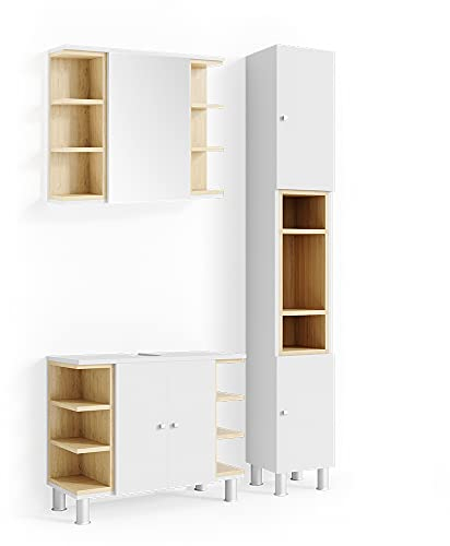 Vicco Badmöbel-Set Weiß Aquis, bestehend aus Bad Spiegelschrank, Waschbeckenunterschrank, Hochschrank - Offene und geschlossene Fächer für Flexible Aufbewahrung
