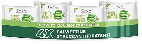 Omia Salviettine Micellari Struccanti Viso Aloe Vera del Salento Eco Bio, Struccante Idratante ed Equilibrante Adatto a Tutti i Tipi di Pelle, Confezione da 4 Pezzi da 20 Salviettine Ciascuno