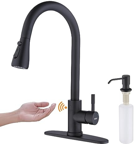Keer Touchless Kitchen Faucet with Pull Down Sprayer, Motion Sensor Kitchen Faucet with Kitchen Soap Dispenser, Single Kitchen Faucet Pull Out Faucet,Matte Black