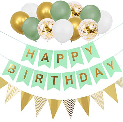 Elicola 14Pcs Happy Birthday Banner Birthday Bunting with Triangle Flag Sage Green Gold for Party Decorations