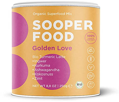 SOOPER FOOD Golden Love | Goldene Milch Pulver | Veganes Bio Superfood Pulver mit Kurkuma & Ashwagandha | Perfekt zum Abschalten und Genießen | Glutenfrei & ohne Zusatzstoffe | 50 Portionen | 250g