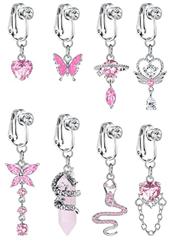 Kakonia 8Pcs 14G Faux Piercing Nombril Acier Chirurgical pour Femme Serpent/Coeur/Papillon/CZ Clip sur Piercing Nombril Dangle Non Percé Faux Piercing Bijoux