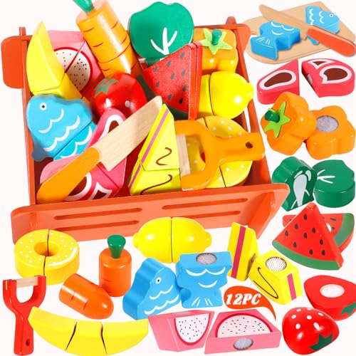 ENCOUN Frutta e Verdura Giocattolo per Bambinis, Frutta da Tagliare Giocattolo, Cibo Giocattolo per Bambini,Accessori Cucina Bambini,Fruttas Legno da Tagliare Montessori 2+Anni Giochi di Ruolo Regalo