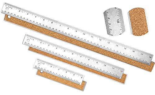 Cenlin Lineal aus Metall, 3-teilig, Edelstahl, mit Kork-Halterung, Lineal aus Metall, gerader Rand, rutschfest, für die Arbeit in der Schule, im Büro
