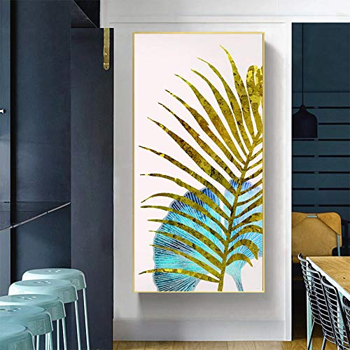 HYFBH Affiches de plantes dorées en feuille de palmier, peinture sur toile, images de luxe légères, grand art mural pour salon, canapé, décoration d'intérieur moderne 60x150cm/24x59 pouces avec cadre