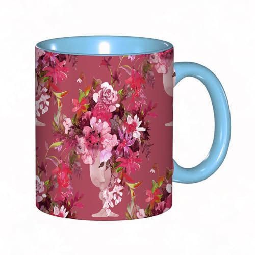 Kaffeebecher Mug,Opulenter Aquarellstrauß aus Rosen und verschiedenen Gartenblumen in einer Vase. Nahtloses Must,kaffeebecher porzellan, tasse Füllmenge 330 ml - sehr interessante bedruckte Teetassen