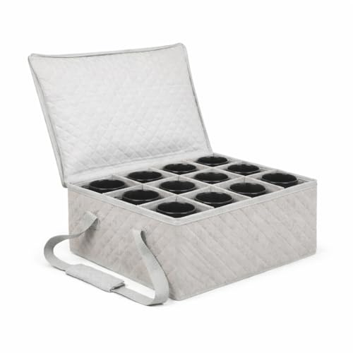 Coffee Mug Storage Bin - Mug Storage Box for Coffee Cups & Mugs (Holds 12 Cups) - Stackable Mug Storage Organizer with Dividers for Kitchen Cabinets & Countertops (Grey & Beige) by Govilla