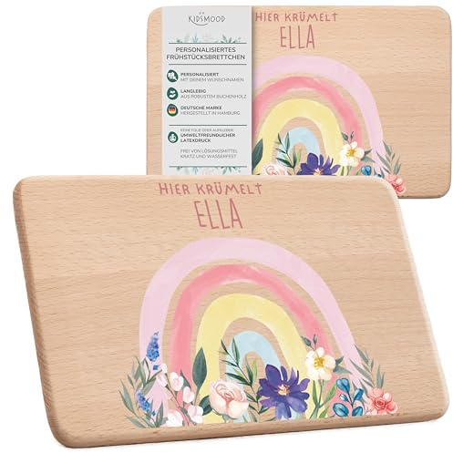 KIDSMOOD - Individuelles Brettchen Kinder Holz, Niedliches Frühstücksbrettchen personalisiert mit Wunschnamen und Tier-Motiv, Als Taufgeschenk und Babygeschenk