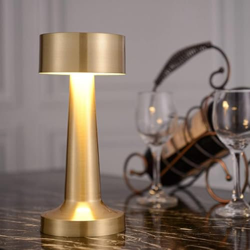 Gold Bedside Lamp, Cordless Touch Table Lamp with 3 Level Warm Brightness Dimming, USB Rechargeable LED Desk Lamp Metal Eye-Protection Reading Light