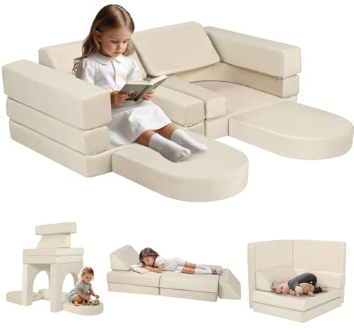 MeMoreCool Spielsofa Kinder, Schaumstoff Soft Bausteine Couch, Fancy Spielsofa einen aufregenden Indoor-Spielplatz für das Kinderzimmer, Kuschelecke ideal für Kinder, Beige