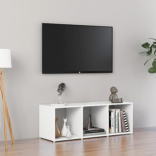 Gecheer TV-ställ med 3 fack, TV-bänk med golvstativ HiFi-skåp spånskiva vit 107 x 35 x 37 cm, kan placeras horisontellt eller vertikalt