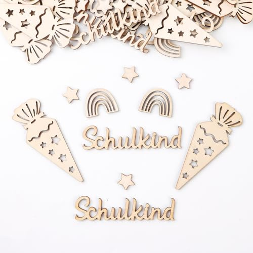 BETESSIN Einschulung Deko Holz - 50 Stück Schulkind Konfetti mit 4 Mustern - Schultüte Streudeko - Tischdekoration für Schuleinführung, Schulanfang, Einschulung Junge und Mädchen