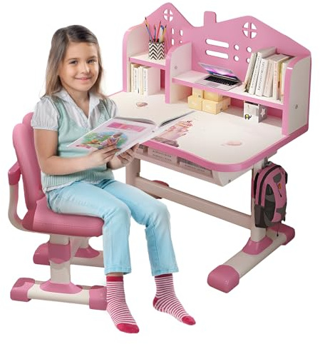 joukares Funktionales Schreibtisch- und Stuhl-Set für Kinder, höhenverstellbar, Kinderschreibtisch mit Aufbewahrungsschublade, Schüler-Schreibtisch für Schlafzimmer, Rosa