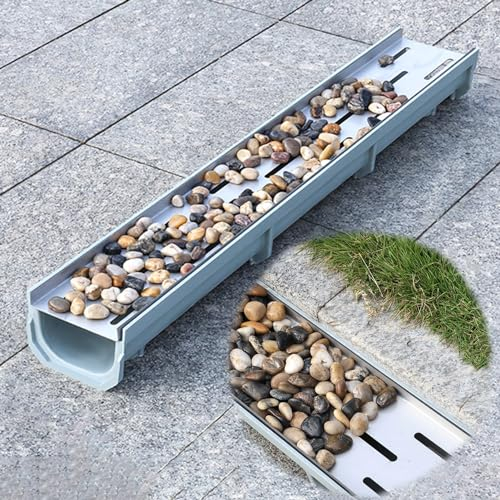 Entwässerungsrinne Kanal-Abflusssieb mit Metallabdeckung, Außen-Entwässerungsgraben, Hof-Regenrinne, Hausseitiger Abwasserkanal, Regenwasserabflusskanal für Terrasse(W-20cm(7.9) x H-10cm (4))