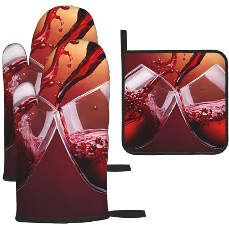 Red Wine Glass Cheers Heat-Resistant Oven Gloves And Pot Holders.With Lanyard,Waterproof And Durable. Used In Kitchen,Barbecue And Baking.