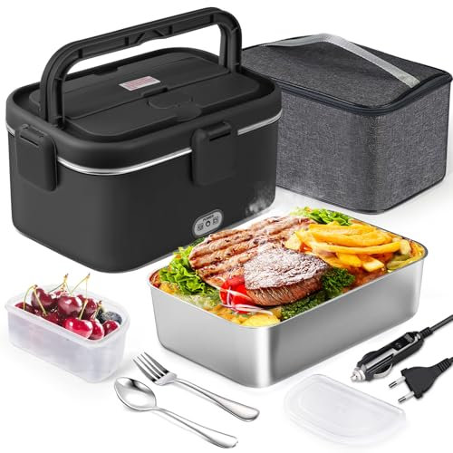 AUTOPkio Scaldavivande Elettrico 1.8L 80W, 12V 24V 220V Grande Lunch Box con Borsa, Acciaio Inox Forchetta Cucchiaio per Auto Camion Ufficio (Nero)