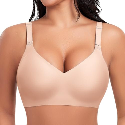 Ganado Reggiseno Senza Ferretto Donna Reggiseni Senza Cuciture Scollo a V Push Up Reggiseno Basic Comodo Imbottito, S, Beige