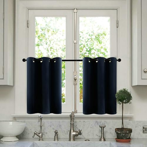 Beydodo Vorhänge Kurz Modern 86x76CM Dunkelblau, Gardinen Blickdicht mit Ösen Modern Einfarbig Scheibengardinen Küchengardinen Bistrogardinen Set 2 Teilig