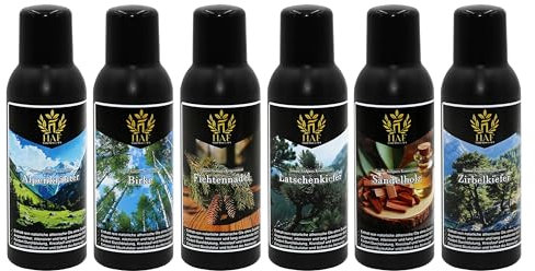HAF Saunaaufguss Set „Naturkraft“ - 6 x 250ml Sauna Aufgussmittel Alpenkräuter, Birke, Fichtennadel, Latschenkiefer, Sandelholz, Zirbe - Saunaduft mit natürlichen ätherischen Ölen & ohne Zusätze
