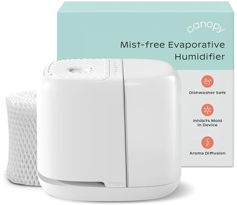 Canopy Bedside Humidifier 2.0, White, 36 HR Run Time, 2.5L Capacity - Reading Light & White Noise - Alleviate Symptoms of Allergies, Flu, Cold, Dry Skin - Humidifier, Filter, Power Cord & Adapter