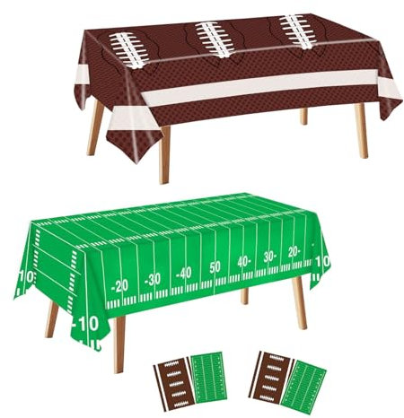 QINGRUIGO 4 Packs Football Tablecloth 54 x 108 Inches Green and Brown Football Field Touchdown Tablecover Disposable Plastic Rugbyl Themed Cloth Gameday Tailgate Tablecloths for Party Decorations