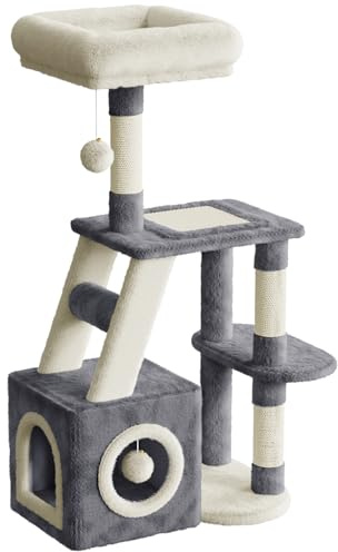 Dogat Cat Tree 107cm for Indoor Cats, Multi-Level Cat Tower with Scratching Post, Large Top Perches, Cozy Condo, Scratching Board & Dangling Ball (Dark Grey and Beige)