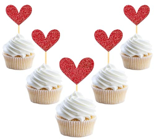 24 Stück Glitzer Valentinstag Liebe Herz Cupcake Toppers, Valentinstag Deko Tortendeko, Rubinhochzeit Gemischte Größe Kuchendeko für Jahrestag Braut Geburtstag Heiratsantrag Verlobung Party Deko (Rot)