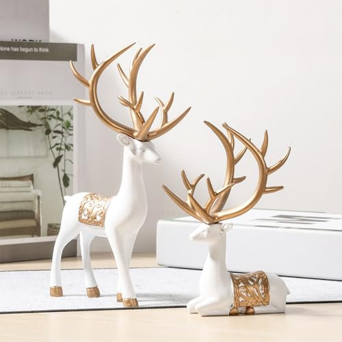 YZBBSH Juego de 2 figuras de reno de Navidad de resina blanca, esculturas de ciervo de pie y sentado para decoración del hogar
