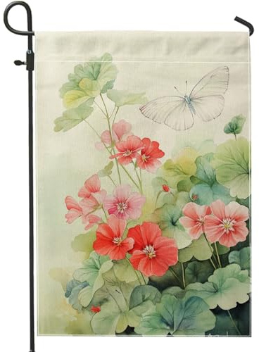 Bandera de jardín floral de primavera y verano, geranios de melocotón y mariposa, decoración al aire libre, bandera de jardín de doble cara para decoración del césped del hogar, 12 x 18 pulgadas