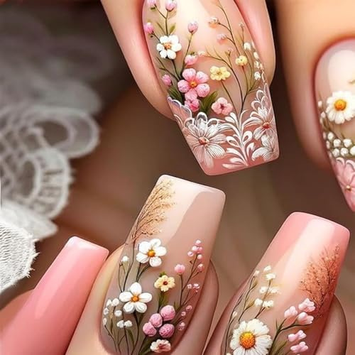 Kabwea 24 Stück Frühlings und Sommer Nageldesigns mit verschiedenen Blumenmustern, Press on Nails, Nägel zum Aufkleben, Fake Nails