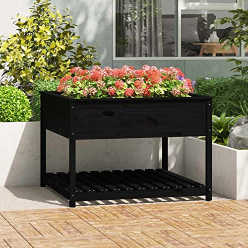 Fasba Hochbeet Gartenbeet Pflanzbeet Frühbeet Pflanzkübel Pflanzkasten Blumenkübel Gemüsebeet Blumenkasten mit Ablage Schwarz 111,5x111,5x81 cm Kiefernholz