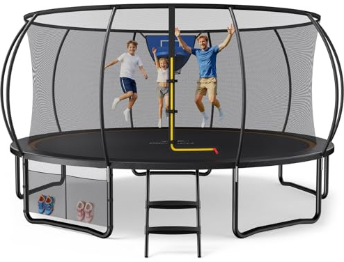 MERACH Trampoline 10ft/12ft/14ft/16ft, Outdoor Large Trampolines with Safety Net & Basket Ball, Max Load 330lb Rebounder Trampoline for Adults Family