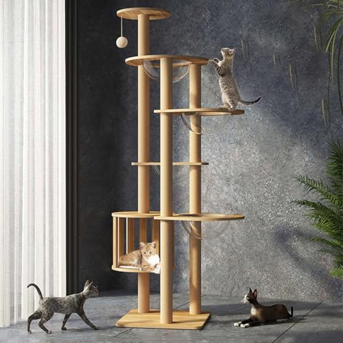 Mdpetpops 183 cm Katzenbaum-Katzenkratzbaum Groß-Mit 4 Raumkapsel,Jute Kratzsäule,Leiter,Höhle,Katzenspielzeug-Katzenkratzbaum.(Holzfarbe YN-105)