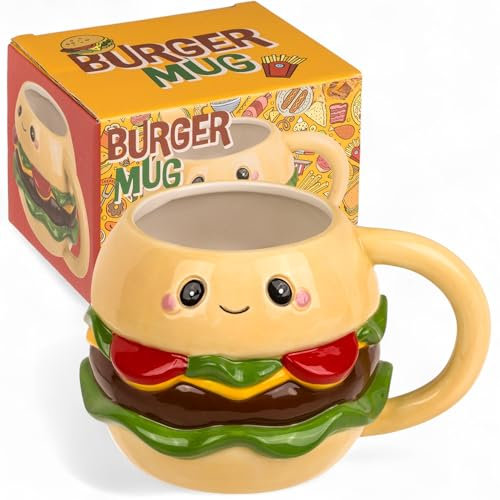 MIJOMA Kawaii Burger Gobelet 440 ml – Gobelet à anse en dolomite aspect burger – Tasse amusante pour café, thé et cacao – Tasse en céramique Multicolore 10 x 10 x 9,5 cm