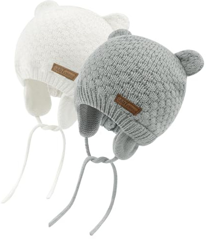 SEYUFN Babymütze, für Jungen und Mädchen, gestrickte Hündchen für Babys und Kleinkinder, mit Fleece-Futter, 0-36 Monate(Weiß+Grau,0-6 Monate)