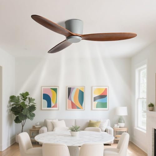 IBalody Low Profile Ceiling Fan Without Lights Flush Mount Ceiling Fans With Remote Control Walnut Wood Ceiling Fan No Light 6 Speeds, 3 Wood Blades For Bedroom Living Room Dining Room