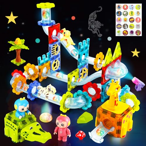 HERMORRYSS Magnetische Bausteine 107 Teile, mit LED-Beleuchtung und Magnetkugelbahn, STEM Montessori-Lernspielzeug für kreatives Bauen, Konstruktion Blöcke für Kinder Orbitalblöcke (Zoo)