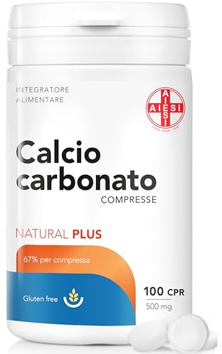 AIESI® Calcio Carbonato integratore in compresse da 500 mg (100 pezzi) di grado alimentare NATURAL PLUS, Made in Italy