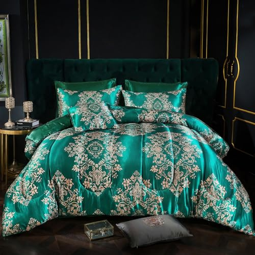 MOVE OVER 8 Pieces Green Satin Comforter Set King Size Silk Like Satin Bed in a Bag Soft and Elegant Euro Floral Comforter Set with Sheet Set Boho Chic Flower Pattern Luxury Bedding Set
