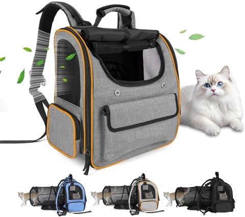 Katzentragerrucksack für große Katzen, Haustier-Rucksack, Tragetasche für kleine Hunde, erweiterbarer Katzenrucksack bis zu 6,8 kg, faltbarer Katzen-Tragerucksack für Reisen, Wandern (Grau)