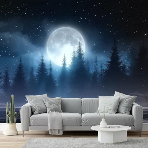Fotomurales Escena nocturna de la naturaleza misteriosa Papel pintado tejido no tejido decoración Pared decorativos 300 x 210 cm Sala Cuarto Oficina Salón Decoración Casa Colores fríos azules