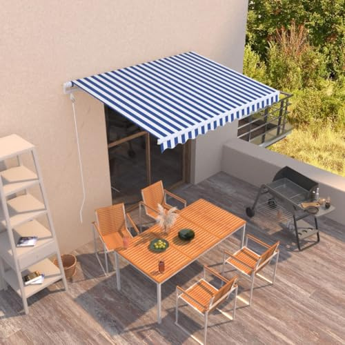 HaoChrymec Markise Einziehbar mit Pulverbeschichtetem Aluminium, Automatisch Einziehbar, Sonnenschutz für Balkon, Klemmmarkise Balkon, Freistehende Markise, Blau und Weiß, 300 x 250 cm